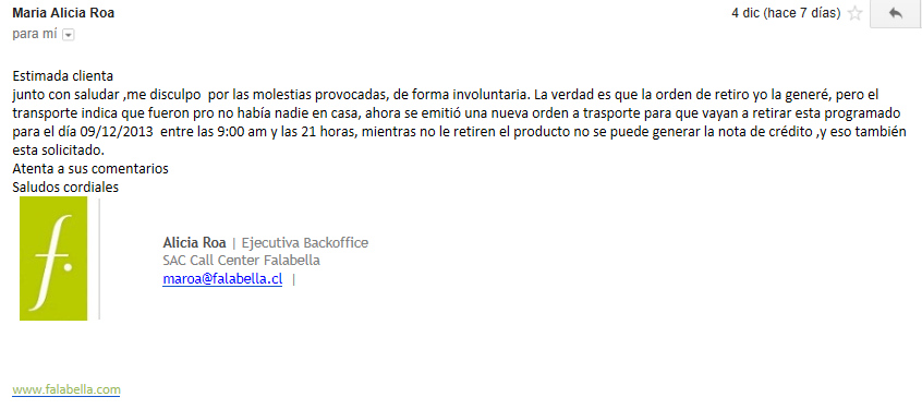 falabella - incumplimiento retiro por devolucion cobro en la cuenta del producto