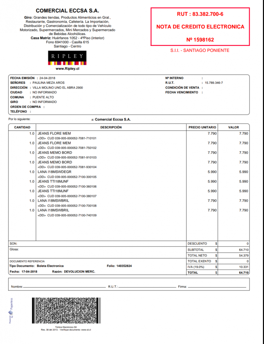 ripley nota de credito no reversada en mi tarjeta de credito nota de credito