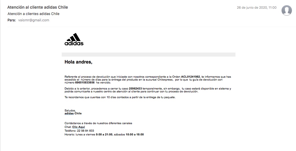 grupo Extracción Montañas climáticas Adidas Chile - Imposible Hacer Devolucion De Producto 4 Meses - Nulo, Nadie Se Ha Contactado | RECLAMOS.CL grupo Extracción Montañas climáticas Adidas Chile - Imposible Hacer Devolucion De Producto 4 Meses - Nulo, Nadie Se Ha Contactado | RECLAMOS.CL