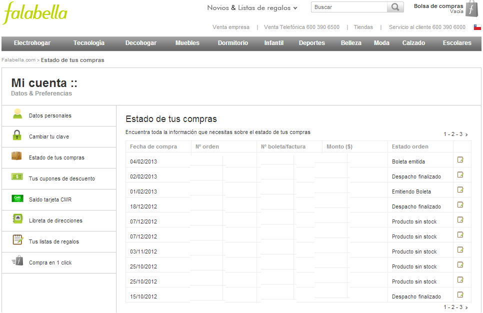 falabella - despacho del producto, servicio al cliente y producto sin stock.